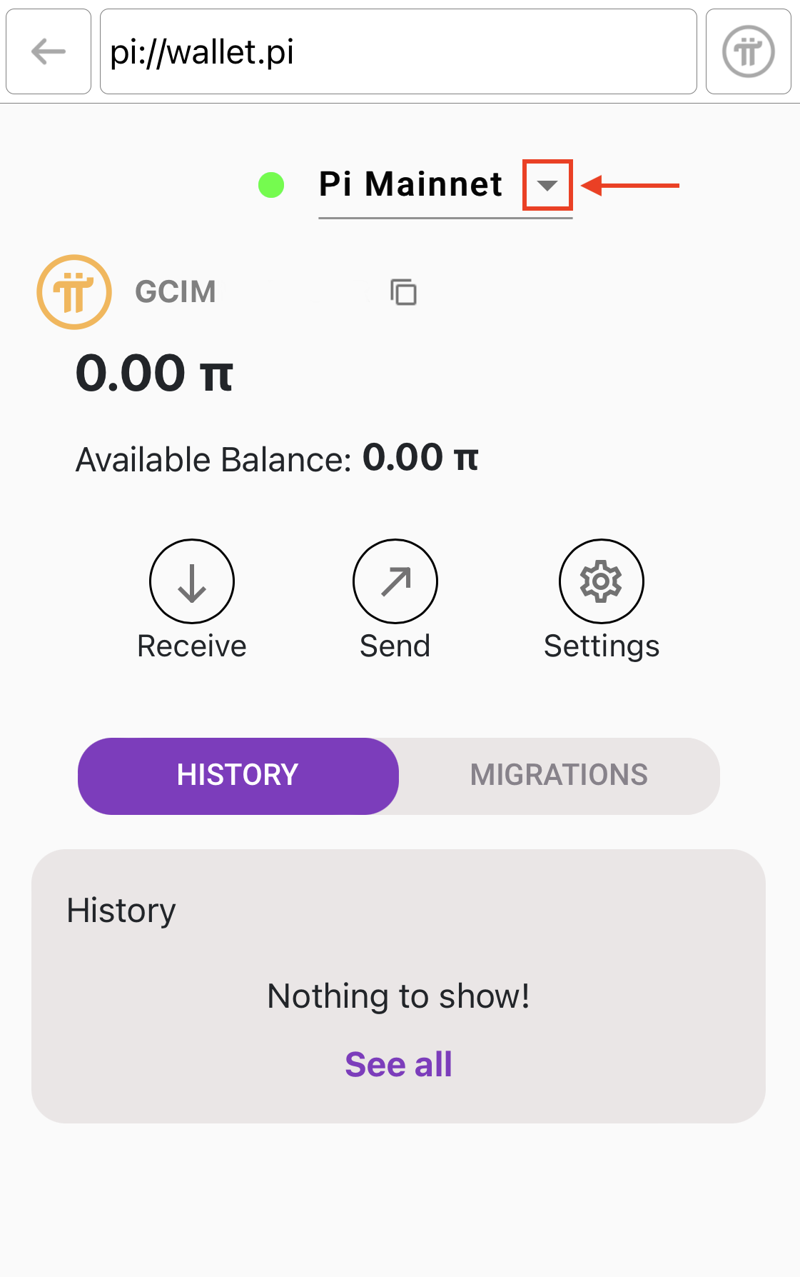 Pi Wallet showing the Pi Mainnet is selected