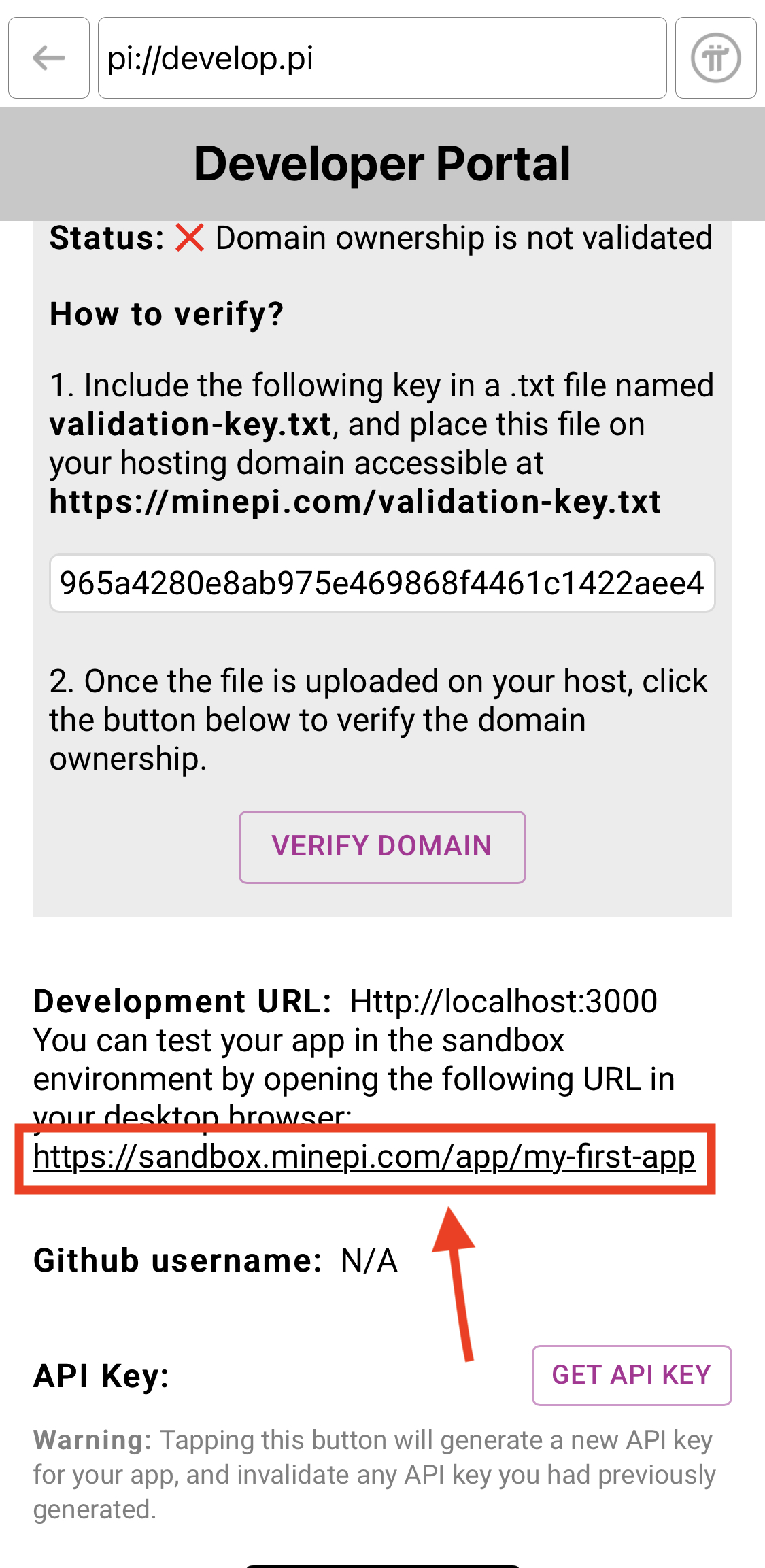 Developer portal project page screenshot showing the sandbox URL