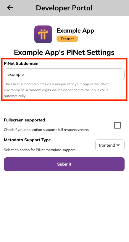 Setting the PiNet Subdomain in Pi Developer Portal